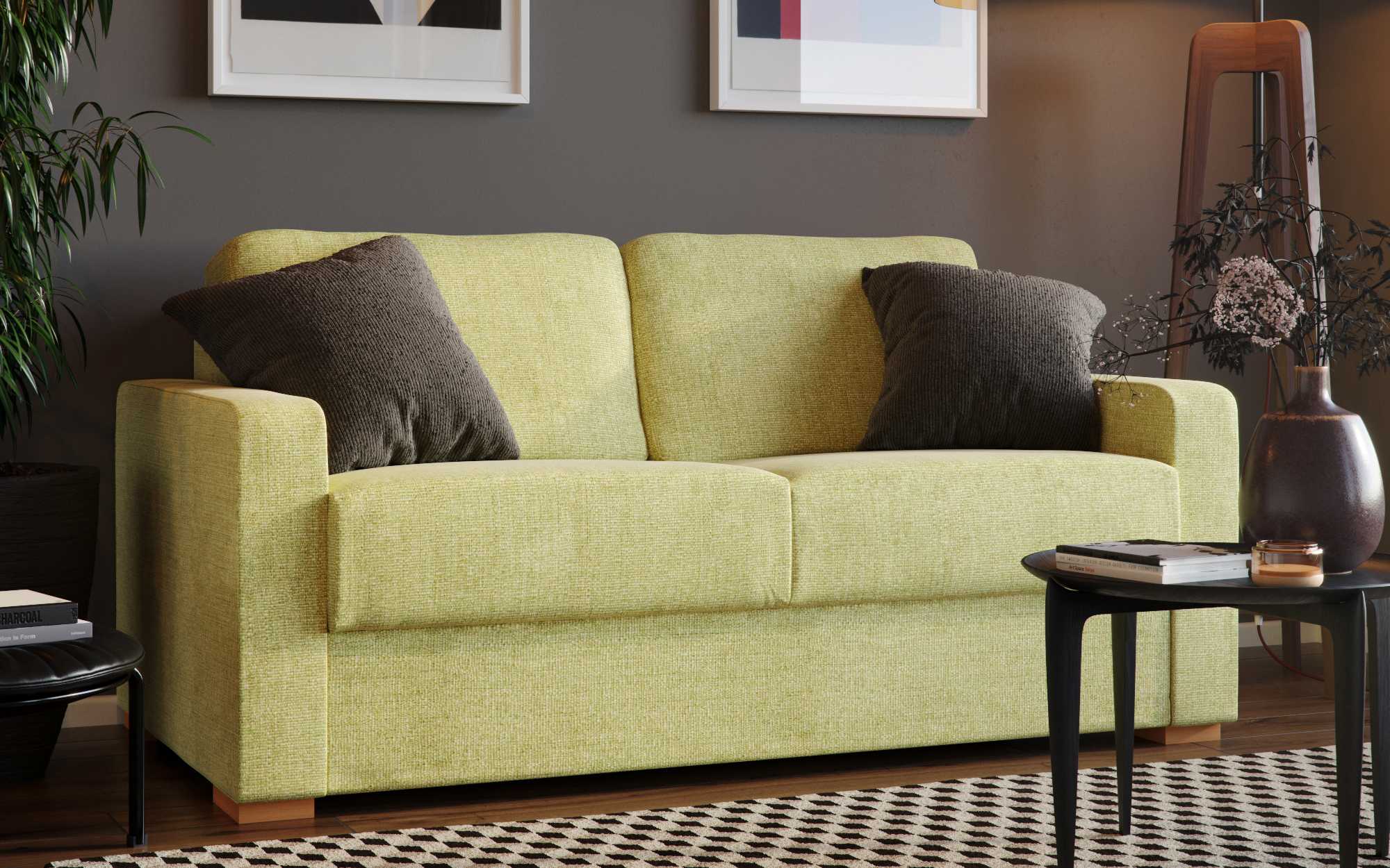 Olive Color Sofa Chair Bed in Living Room with Pillows on it