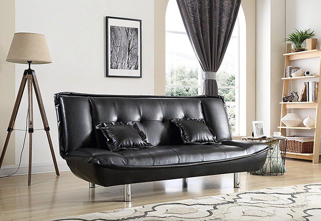 Black Click Clack Sofa Bed with two Cushions on it
