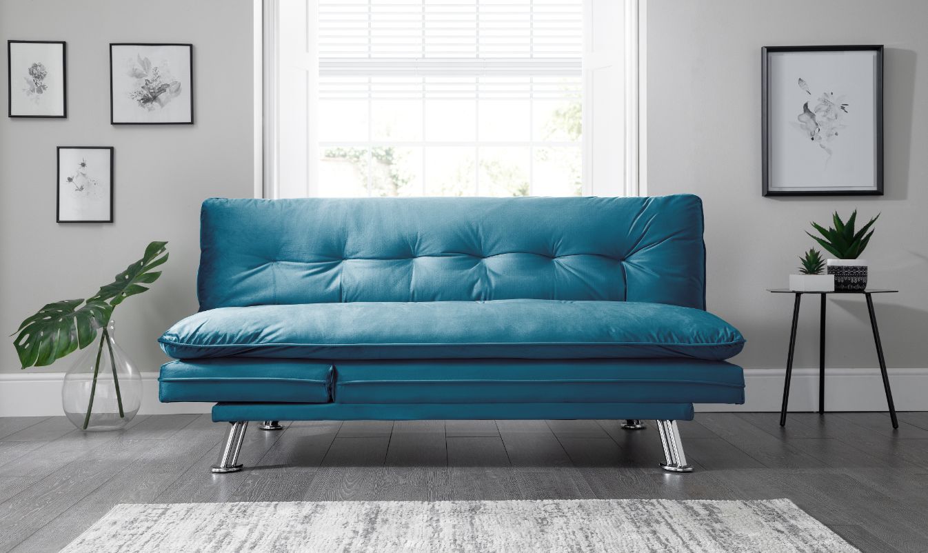 Blue Color  click clack sofa bed with silver legs