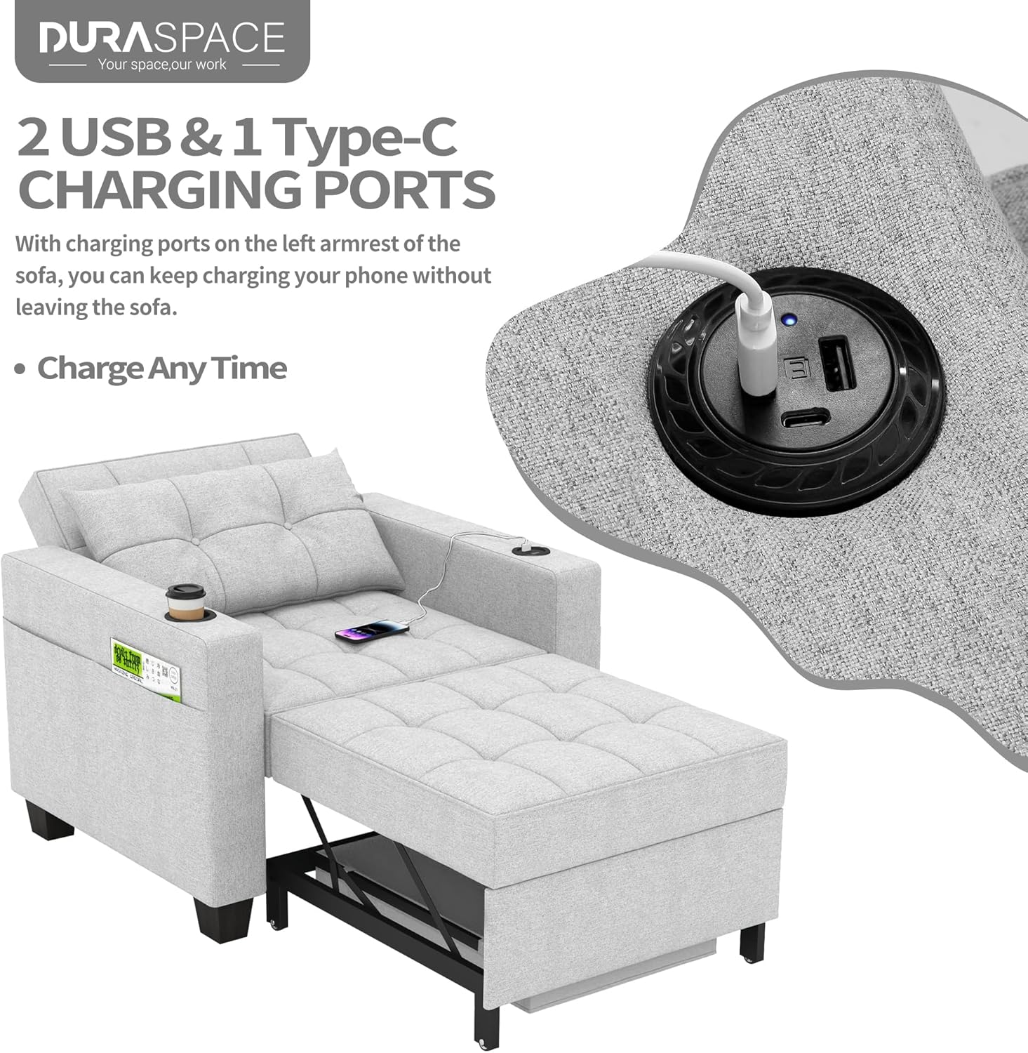 Dart Chair Bed - Light Gray