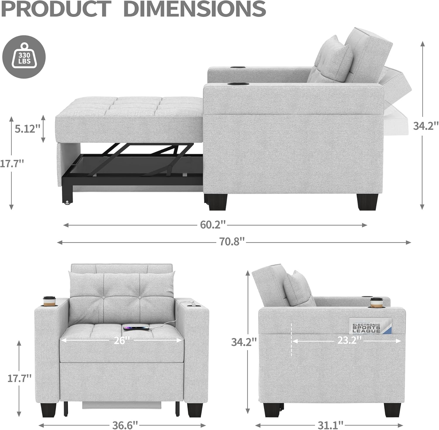 Dart Chair Bed - Light Gray