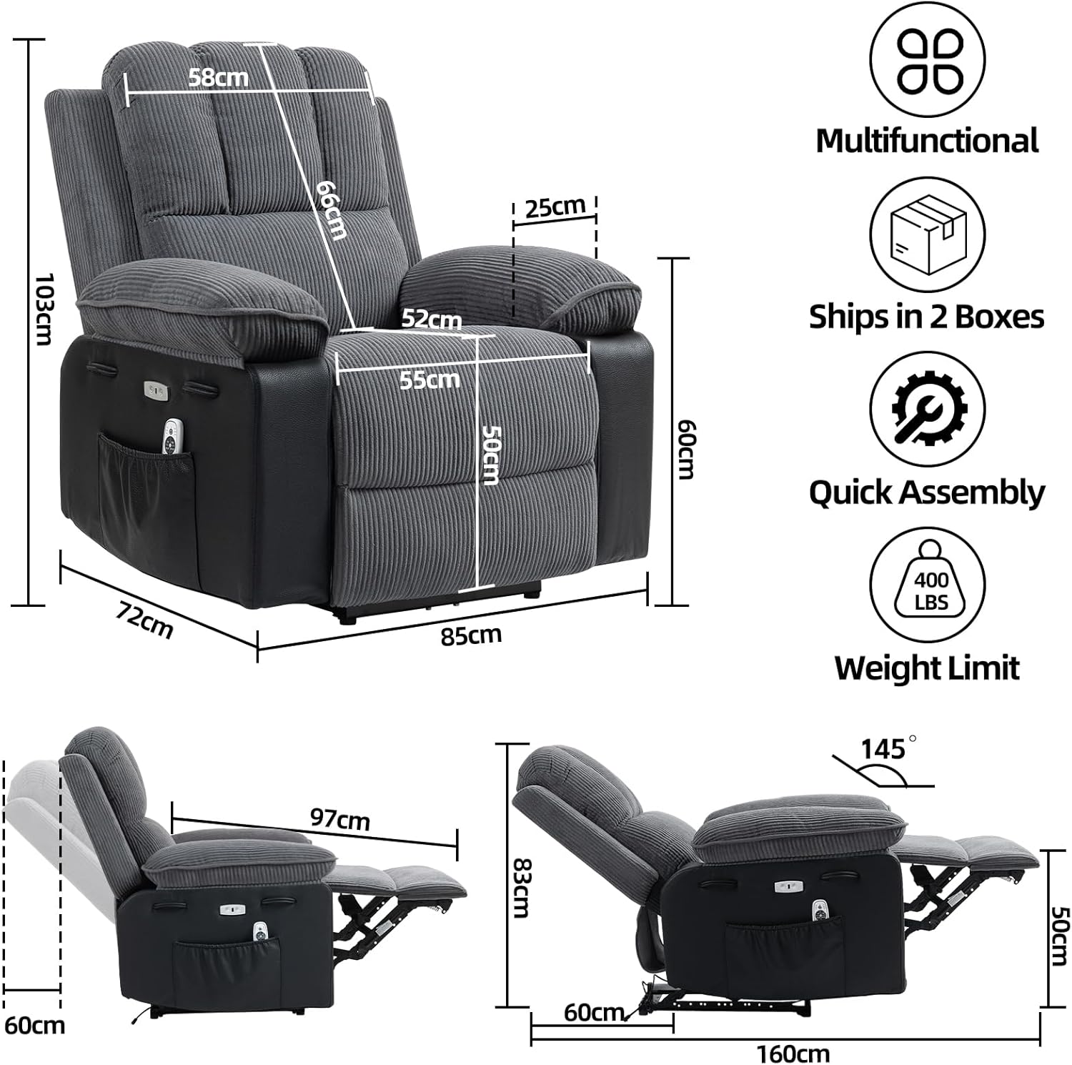 Esra Reclining Massage Chair Bed - Grey