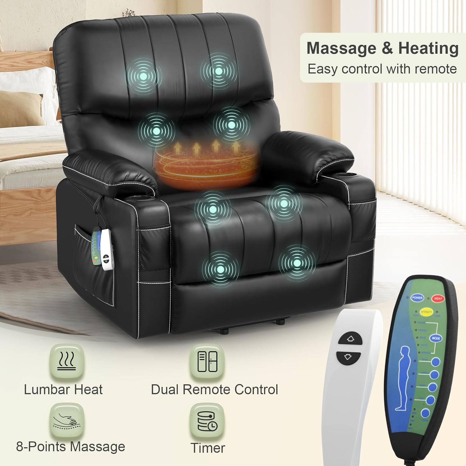 Goren Reclining Massage Chair Bed - Leather Black