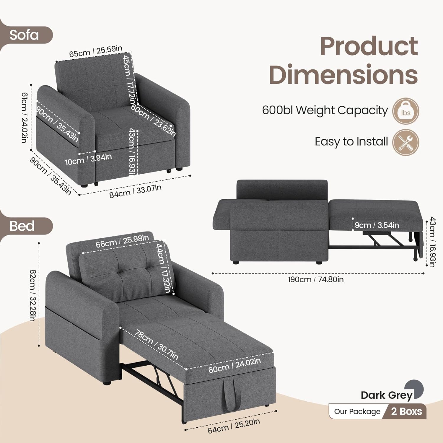 Jaimi Chair Bed - Dark Grey