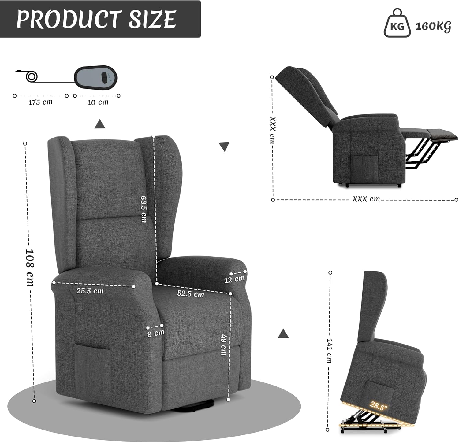 Leith Reclining Chair Bed - Dark Grey