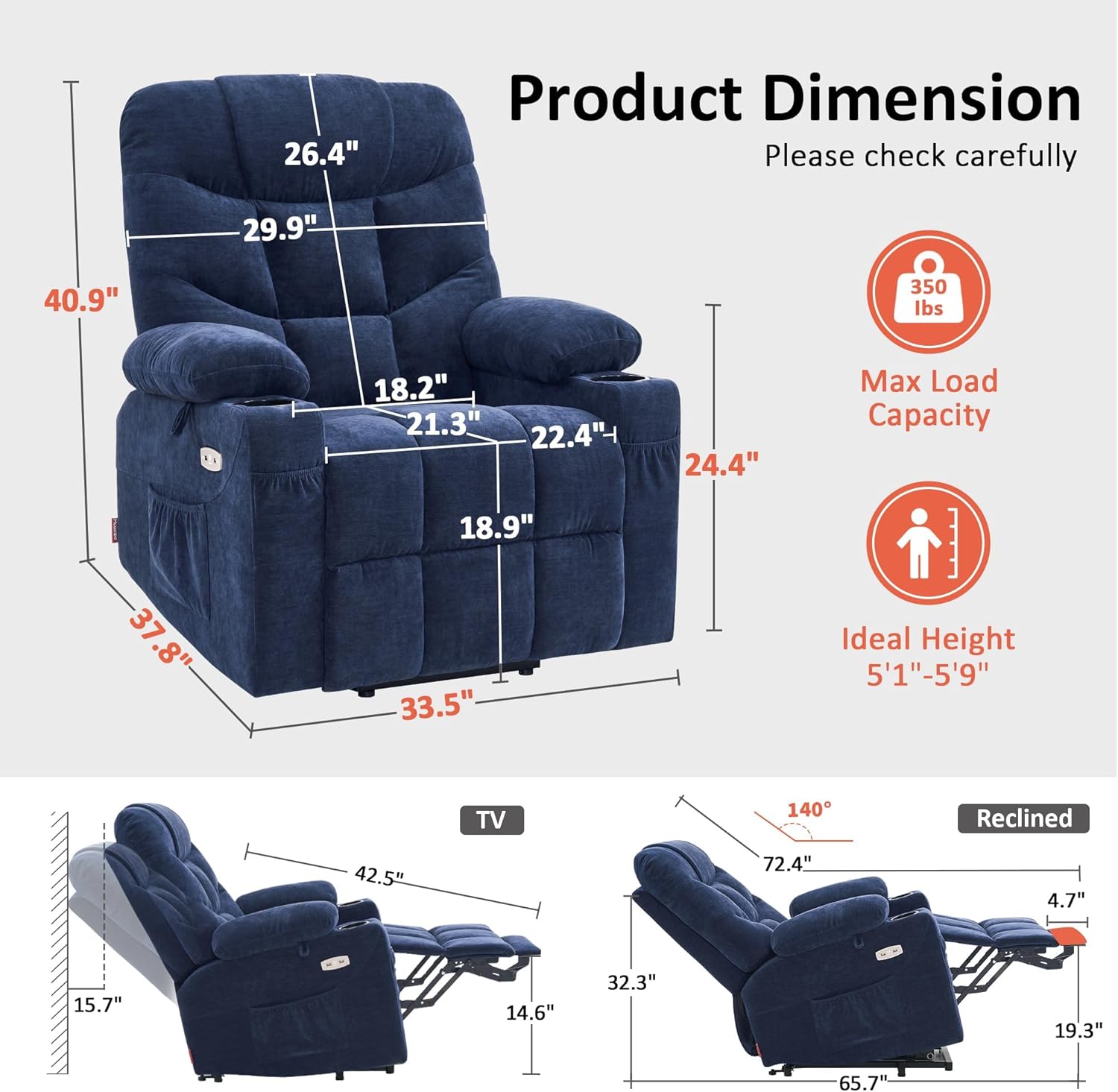 Marley Reclining Chair Bed - Navy Blue