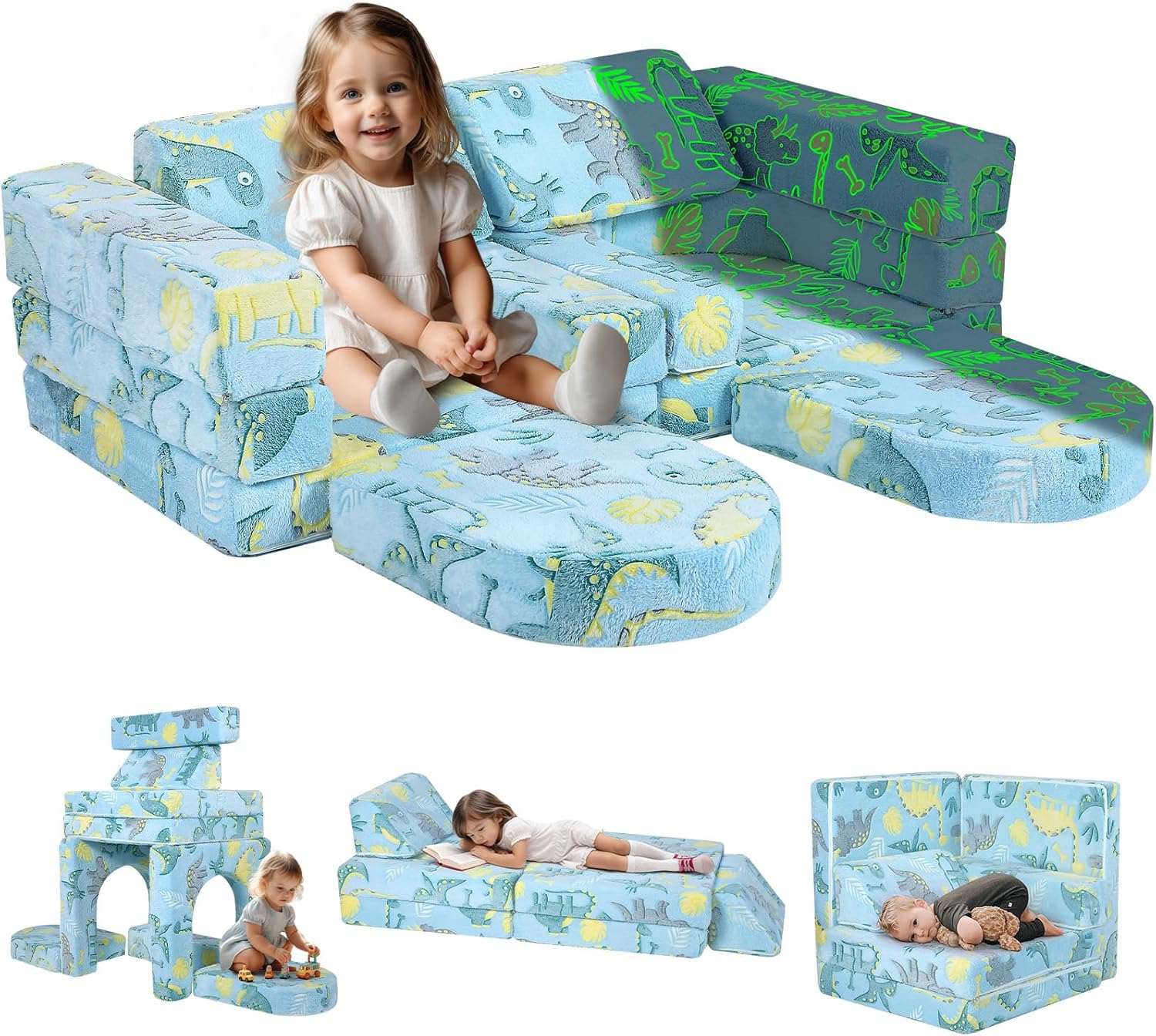 Meera Double Futon Convertible Sofa Bed - Blue Dinosaur