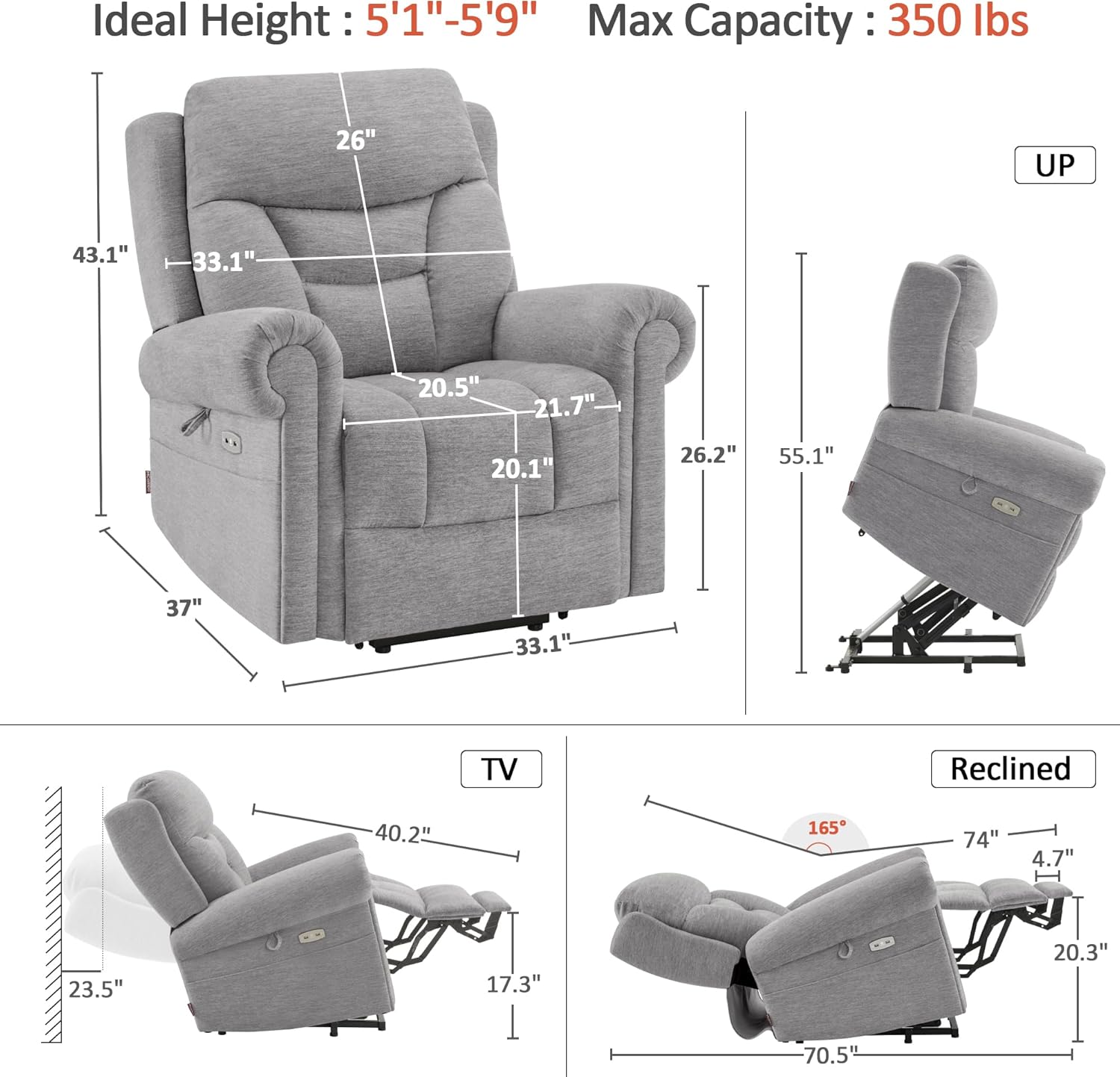 Mulan Reclining Chair Bed - Grey