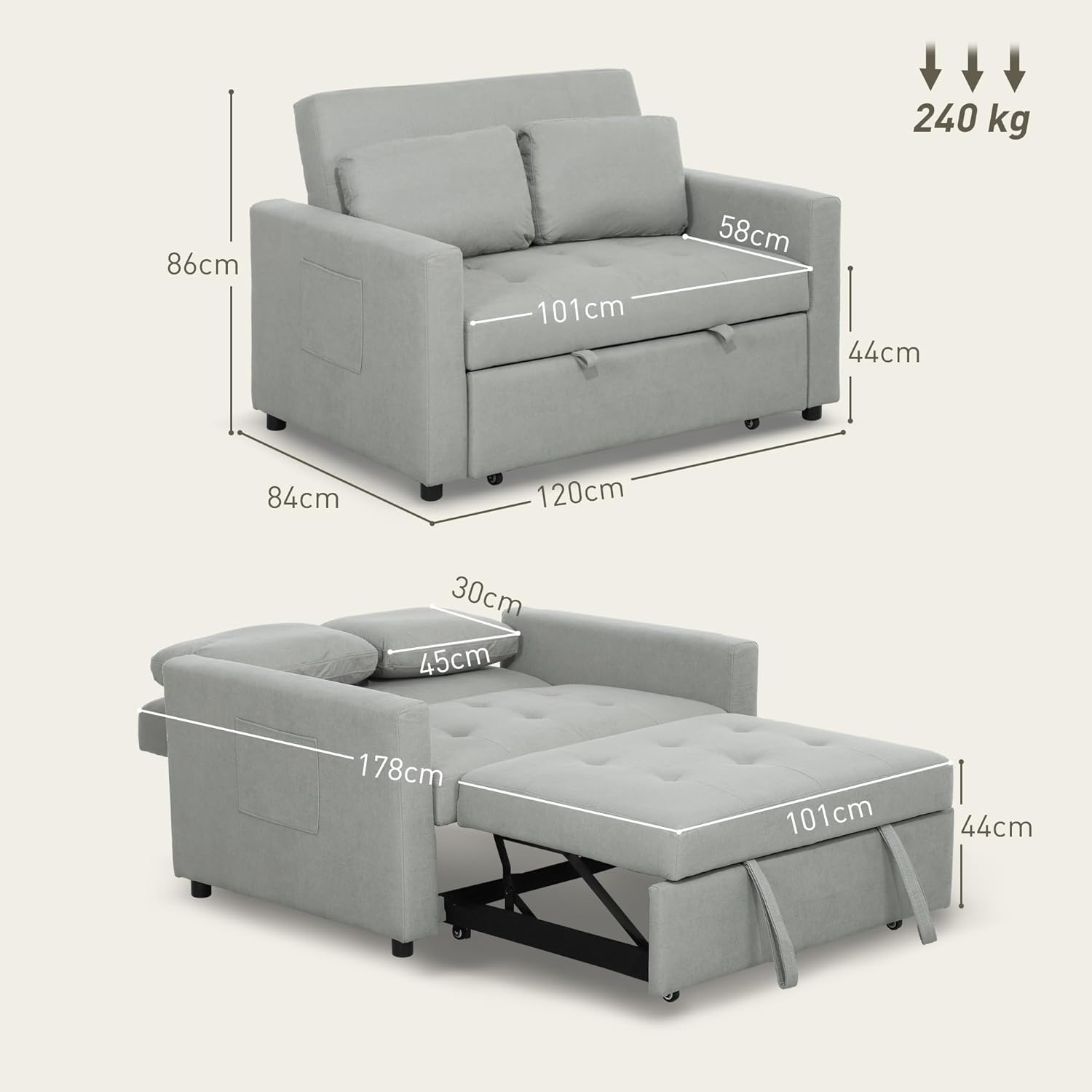 Owen Double Sofa Bed - Light Grey