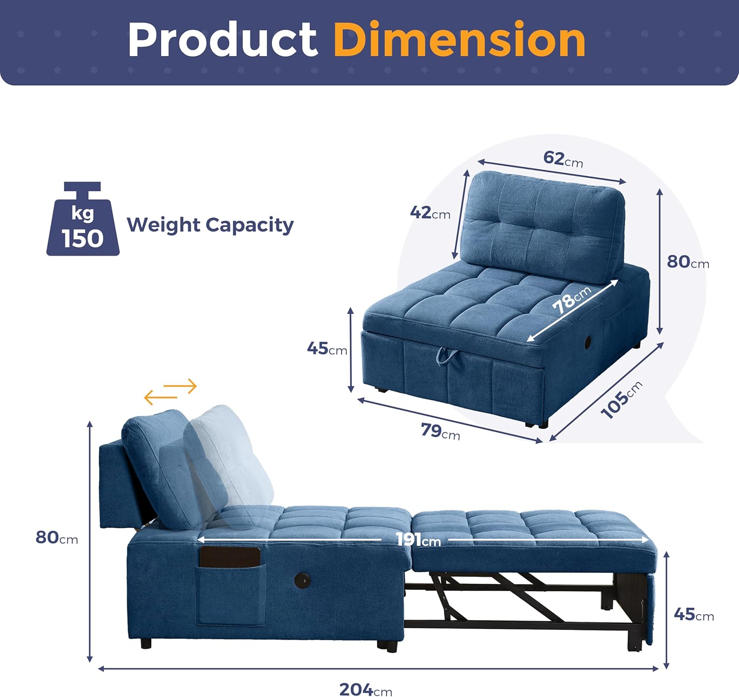 Quinn Chair Bed - Blue