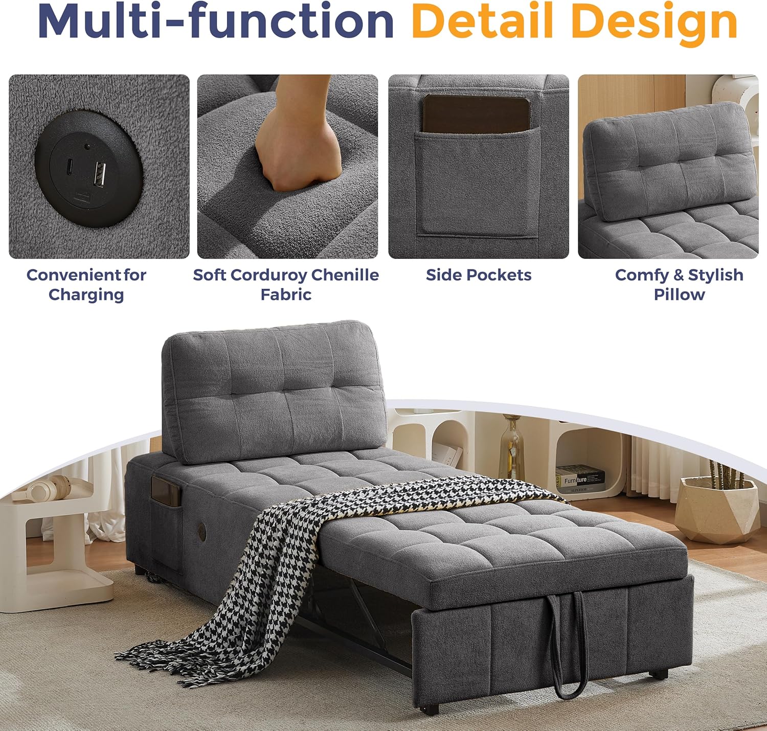Quinn Chair Bed - Dark Grey