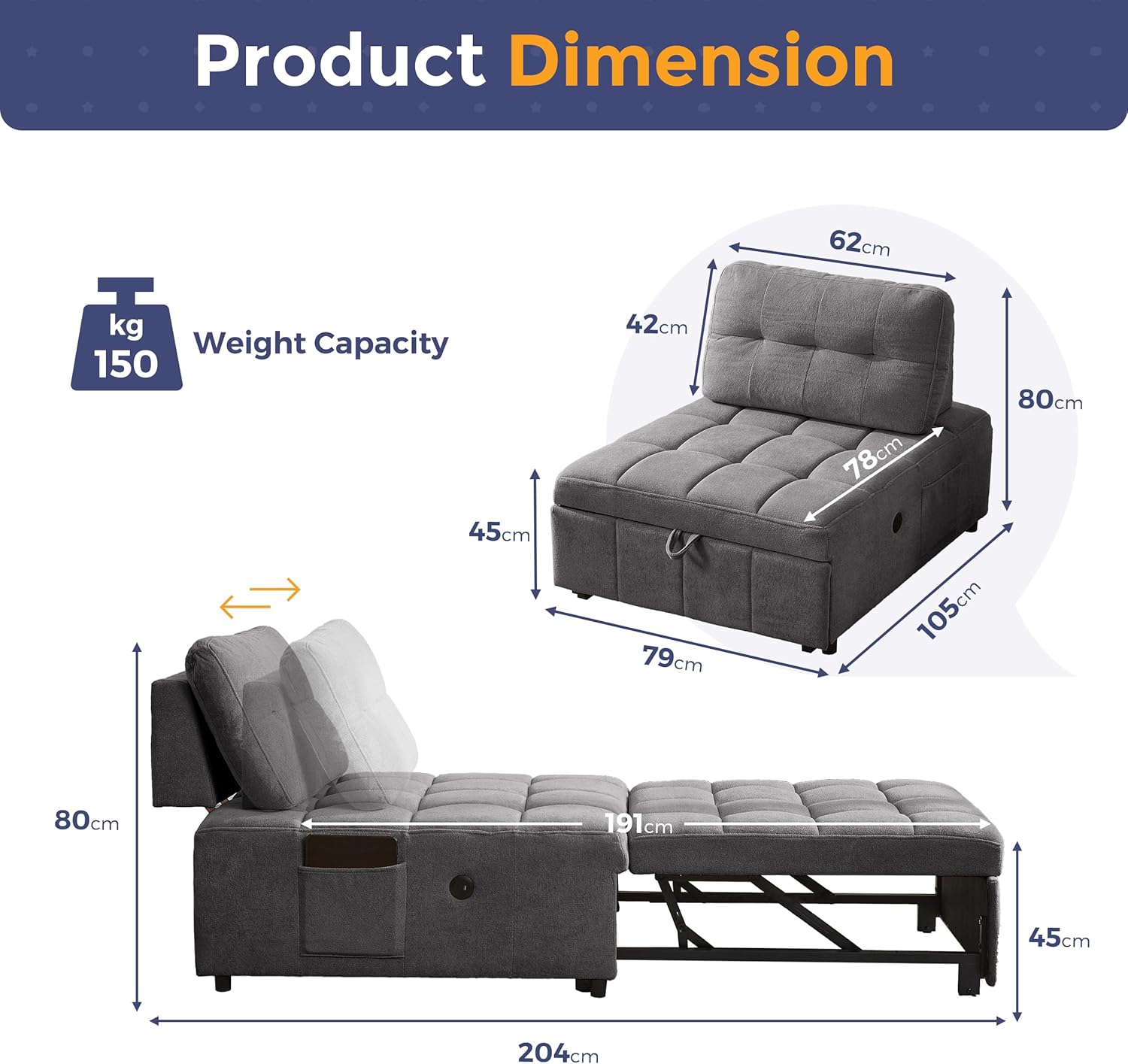 Quinn Chair Bed - Dark Grey