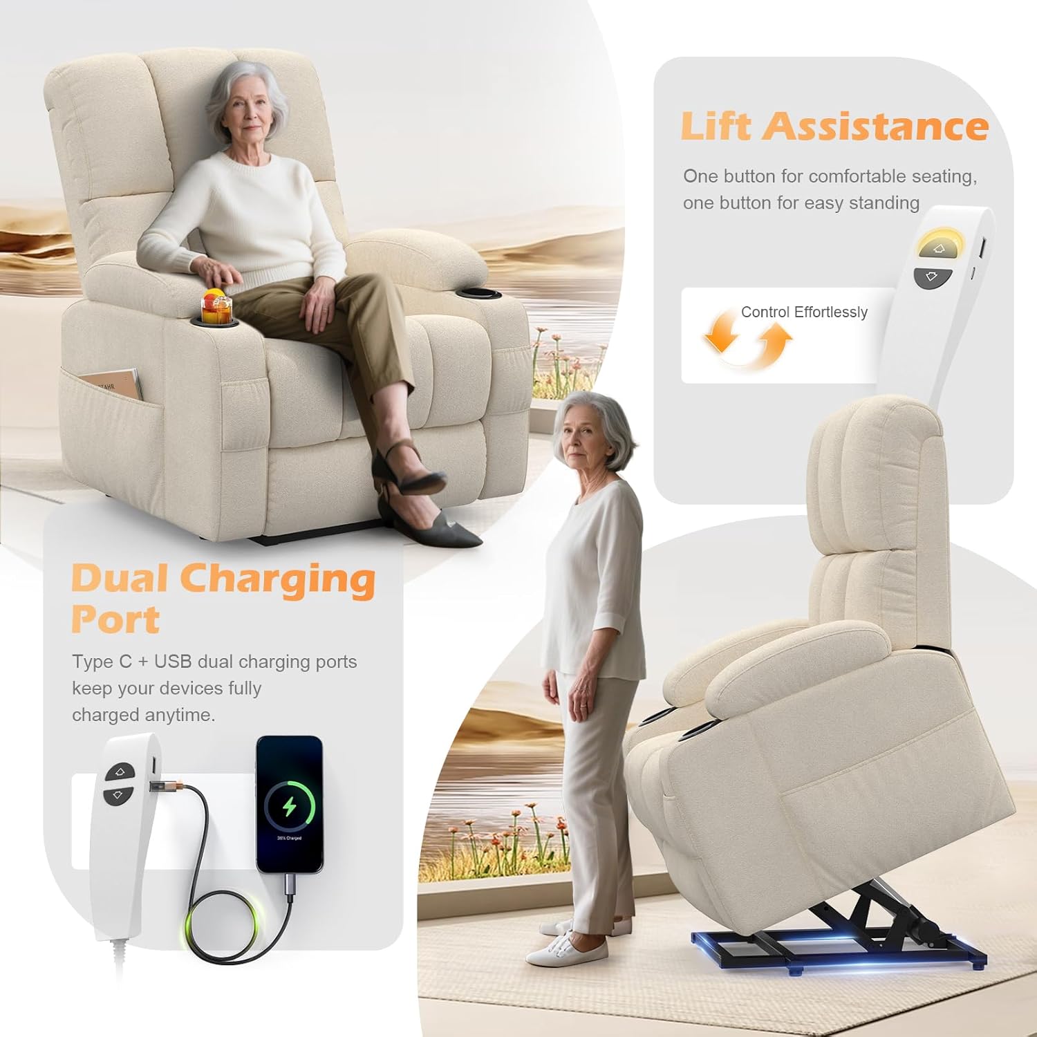 Shiloh Reclining Massage Chair Bed - Beige