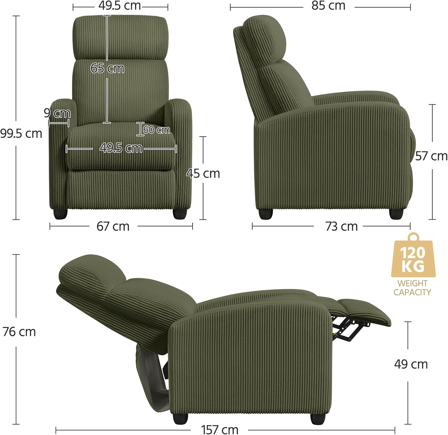 Yona Reclining Chair Bed - Corduroy Dark Green